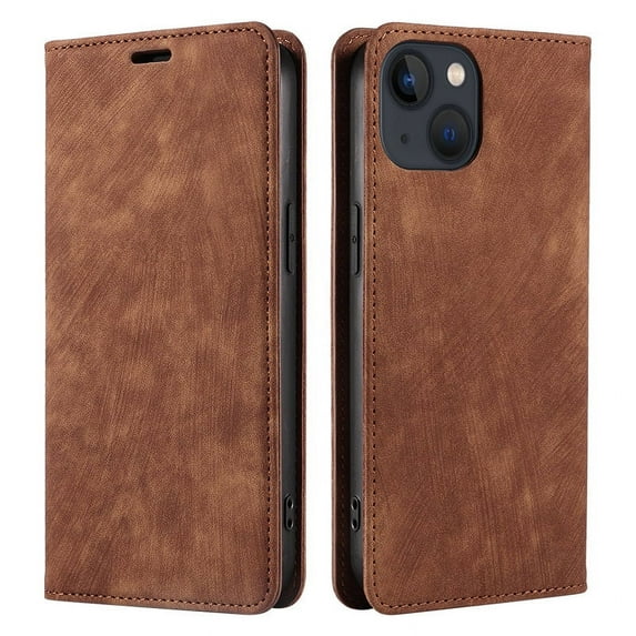 Suitable For iPhone14 Plus Mobile Phone Leather Case Magnetic Flip Cover Brown