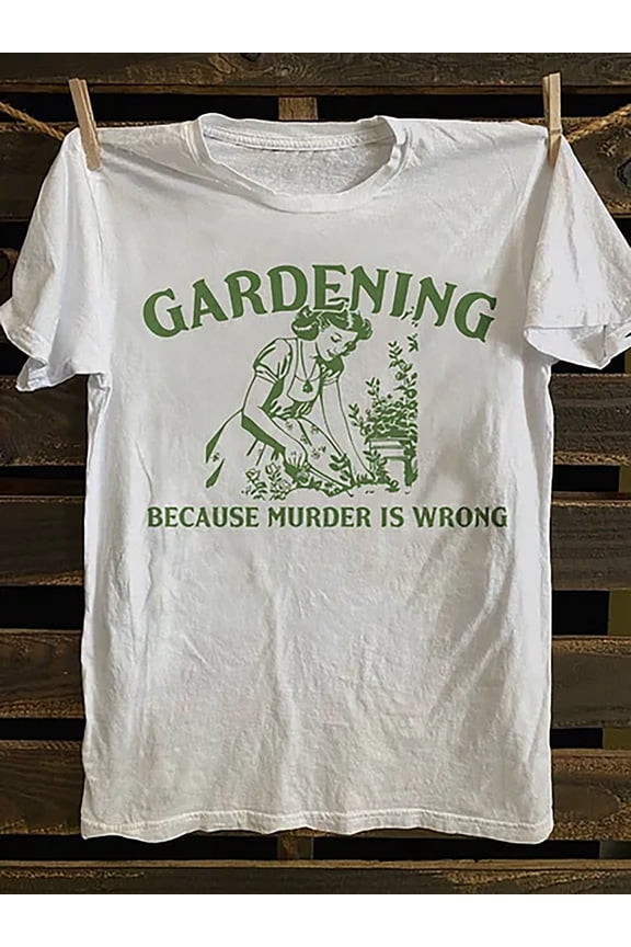 Suitable for Gardening Enthusiasts Vintage "Because Murder Is Wrong" Gardening T-Shirt - Soft Cotton Green Plant Care Graphic Tee, Casual Crew Neck Short Sleeve Shirt for Nature Lovers