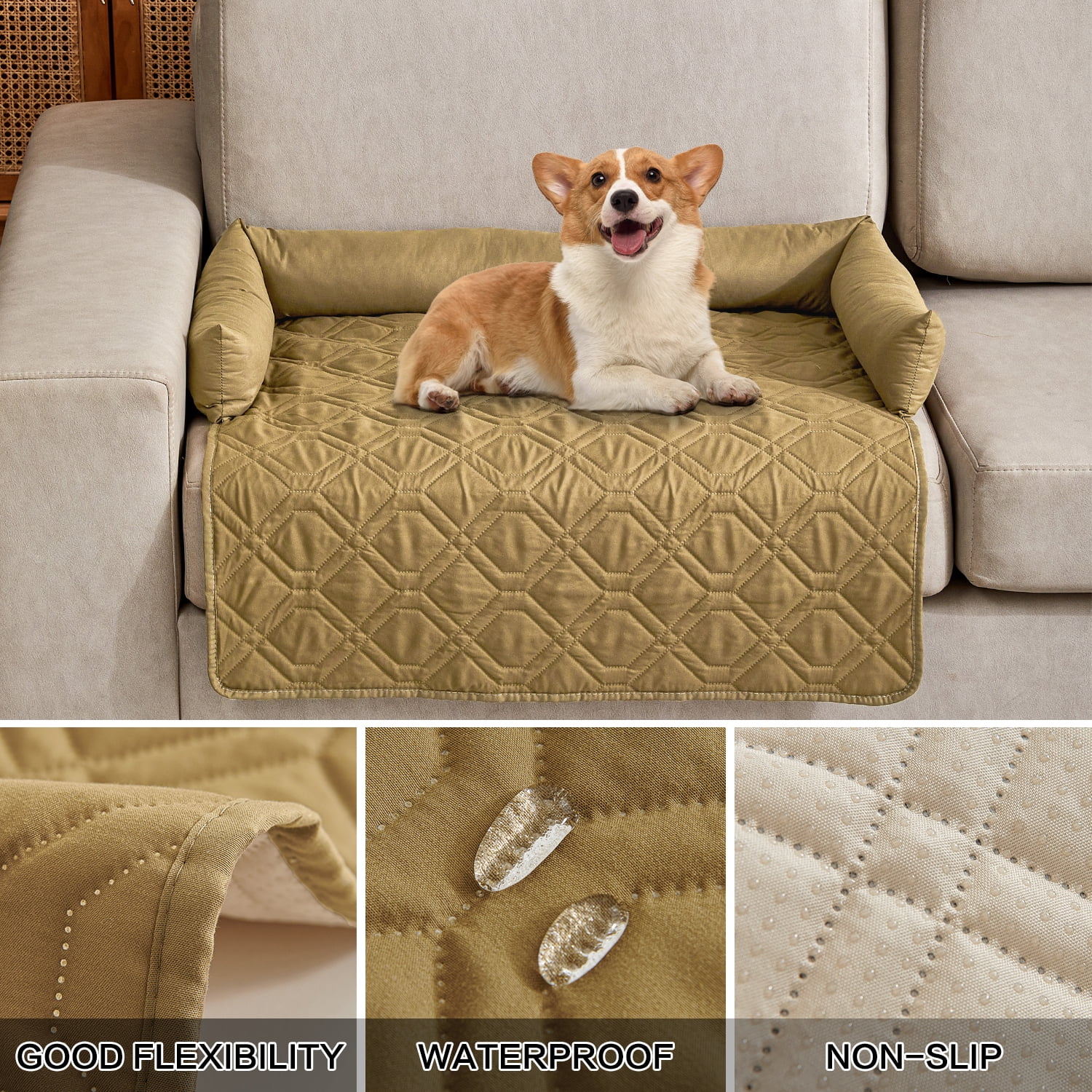 Suitable for Medium and Large Dogs Calm Pet Bed, Pet Furniture Protective Cover, Non-Slip Base, Side Pillow Pet Bed, Waterproof and Urine-Proof Fabric, Deodorant, Machine Washable Non-Slip