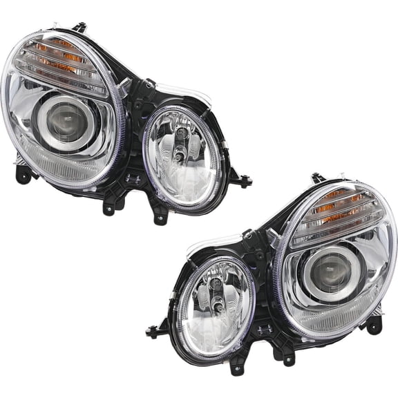 Suitable for Mercedes Benz E350 4Matic Headlight Assembly Pair (2007-2009) - Halogen with Bulb(s), Black - Compatible with Sedan & Wagon Models Without Premium Package
