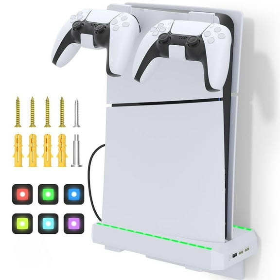 Vertical Stand for PS5 Slim Digital Disc Version, Wall Mounting Base Kit with RGB LED 3 USB ports-White