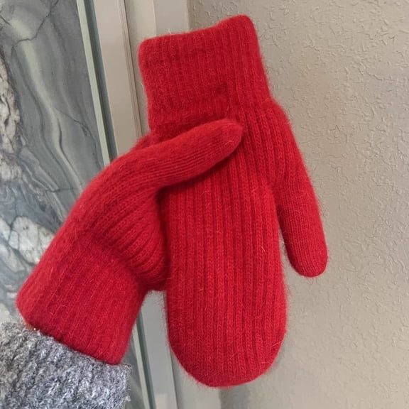 Suitable for compatible with New Year Red Wool Knitted Gloves Winter Men and Women Fleece Lined Thickened Warm Windproof Coldproof Double Layer Fingerless Student Cycling