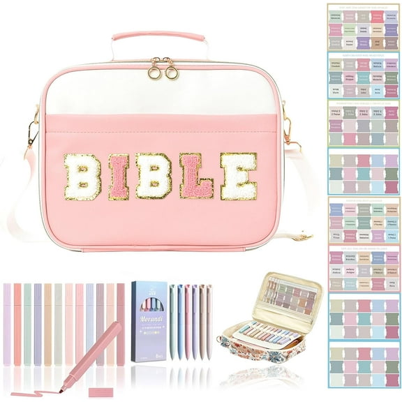 Suitablen Pretty Bible Bag for Women - Floral Chenille Letter Design, 12 * 9 * 2.5 Inch Quilted Bible Cover Case with Tabs, Gel Pen, Highlighters, Large Preppy Chenille Letter Bibles Tote Bag