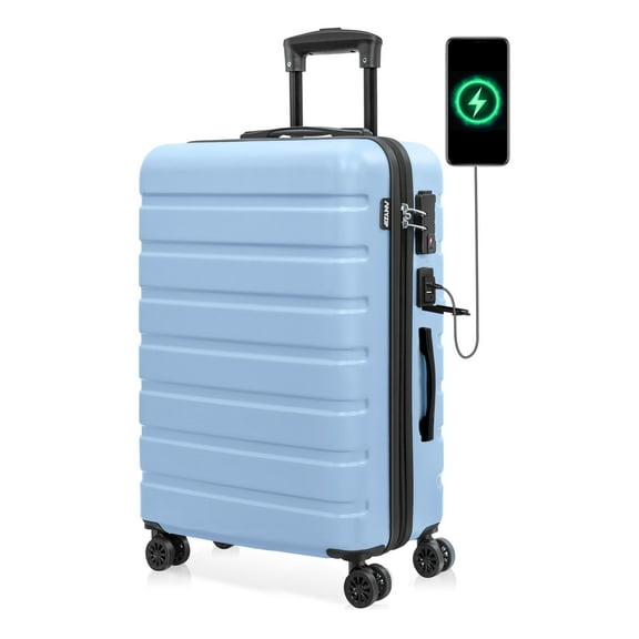 Checked Luggage PC ABS Hardside Lightweight Suitcase with Wheels USB Port TSA Lock 24 inch LightBlue
