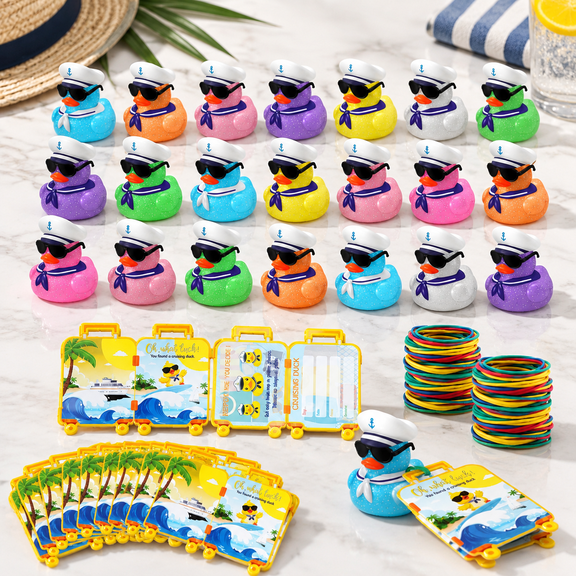 Suitcase Style 72-Piece Duck Tag Cruise Kit with 24 Mini Glitter Rubber Ducks and Tags