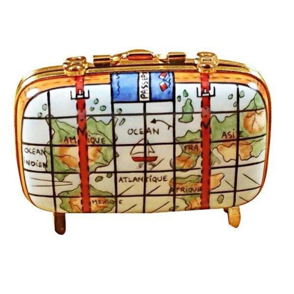 Suitcase with Maps Limoges Box for French Travelers Limoges Box Porcelain Figurine