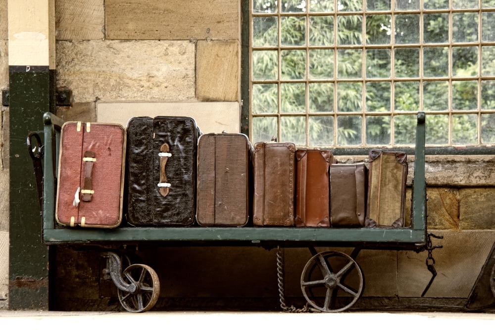 Suitcases On A Luggage Trolley In A Train Station Canvas Art - John Short Design Pics (34 x 22)