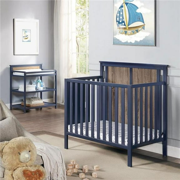 Suite Bebe Connelly Mini Crib with Mattress Pad, Midnight Blue & Vintage Walnut