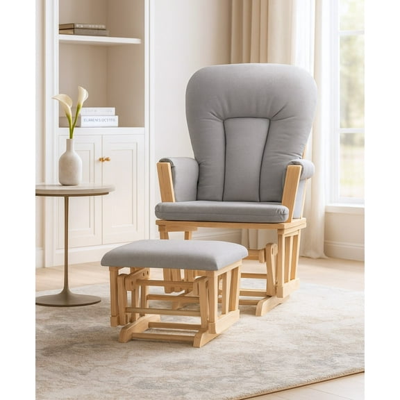 Suite Bebe Contempo Wooden Glider And Ottoman Natural Wood and Dove Gray Fabric