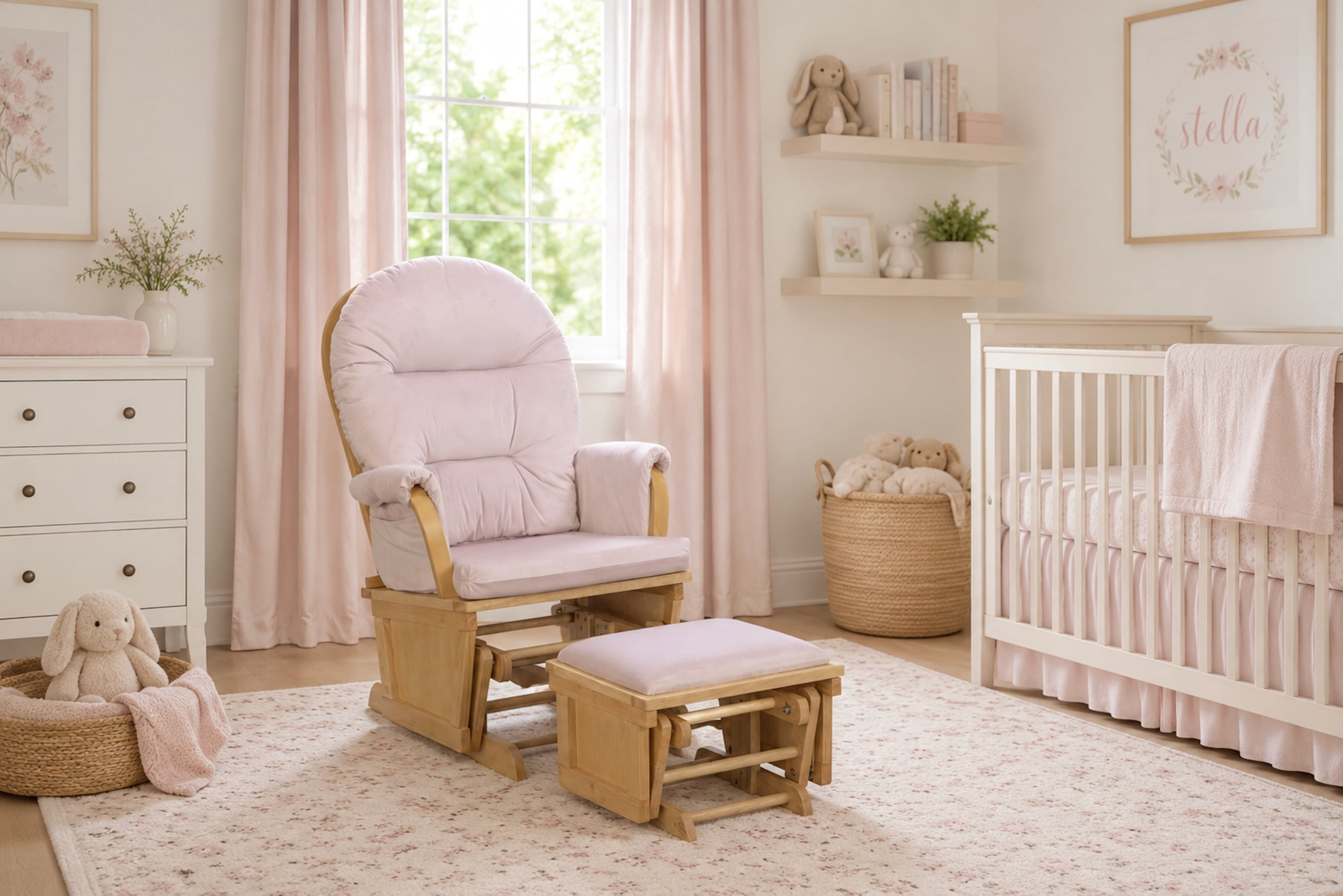 Suite Bebe Madison Wooden Nursery Rocking Chair with Ottoman, Baby Nursing Glider Rocker, Poetic Natural/Pink