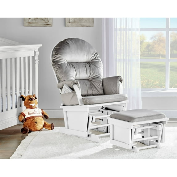 Suite Bebe Madison Glider & Ottoman, White Finish with Light Grey Cushions