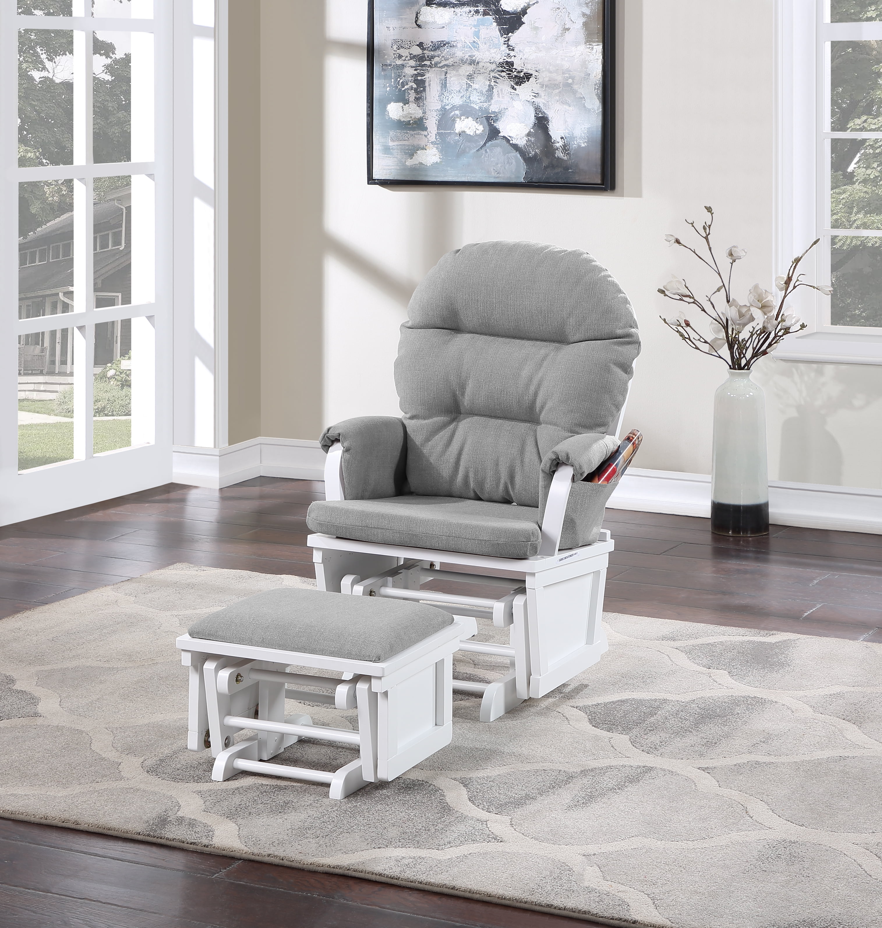 White Wood and Gray Fabric Glider with Ottoman