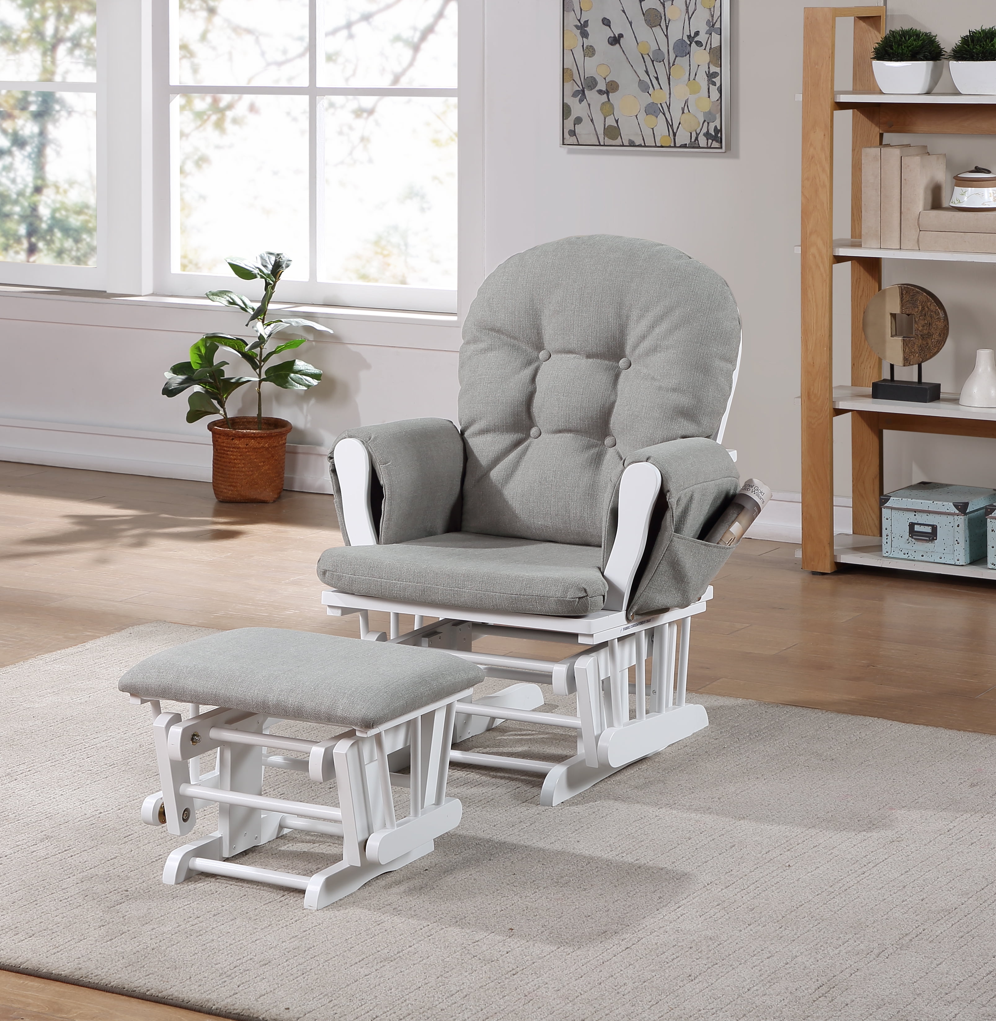 White and Oyster Upholstered Glider with Ottoman