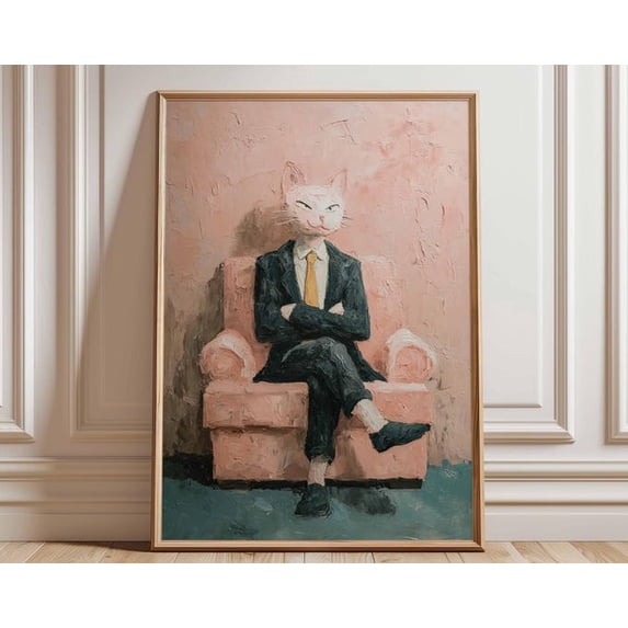 Suited Cat In Chair Wall Art Print, Unframed Paper Poster 24x36in