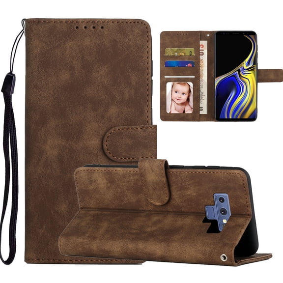 Suited for Samsung Galaxy Note 9 Case 2018 Released, Premium PU Leather Shockproof Cards Slots Flip Holder Wallet Cover with Hand Strap Drop Protective Case For Samsung Galaxy Note 9,Brown