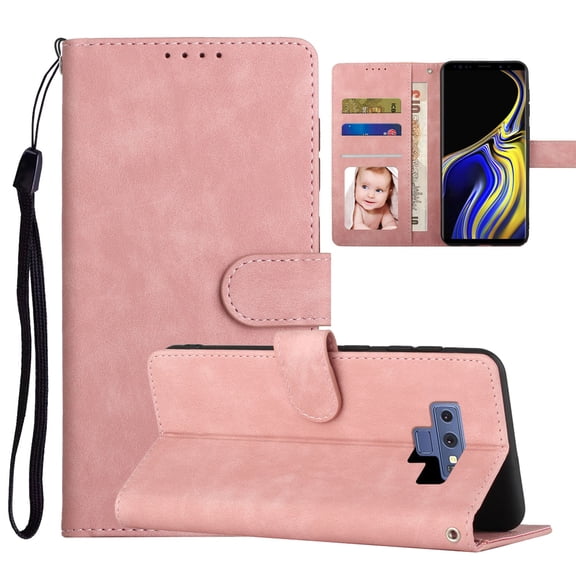 Suited for Samsung Galaxy Note 9 Case 2018 Released, Premium PU Leather Shockproof Cards Slots Flip Holder Wallet Cover with Hand Strap Drop Protective Case For Samsung Galaxy Note 9,Pink