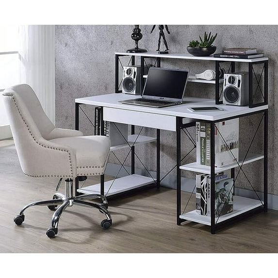 Suitor Music Recording Record Producer Studio Desk with Display Speaker Stand Gamepad Dual Shelf Monitor Stand Multifunction Computer Table WHITE