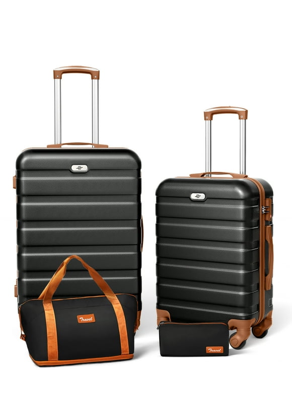 Suitour 4 Piece Luggage Sets(20"+ 24") Suitcases with Expandable Duffel Bag, Black Tan