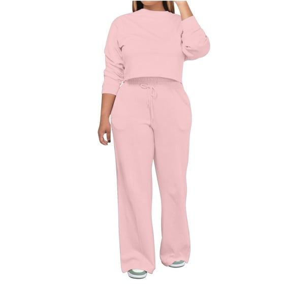 Suits For Women Casual Loose Long Sleeve Round Neck Hoodie Set Solid Color Slim Fitting Top And Pants Hooded Set,Pink,S