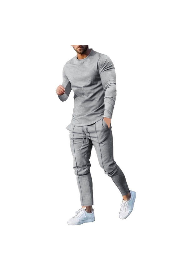 Suits for Men Men's Solid Color Suit Round Neck Long Sleeve T-Shirt Trousers Tight Two Piece Set Solid Color Slim Suit Sportswear Suit