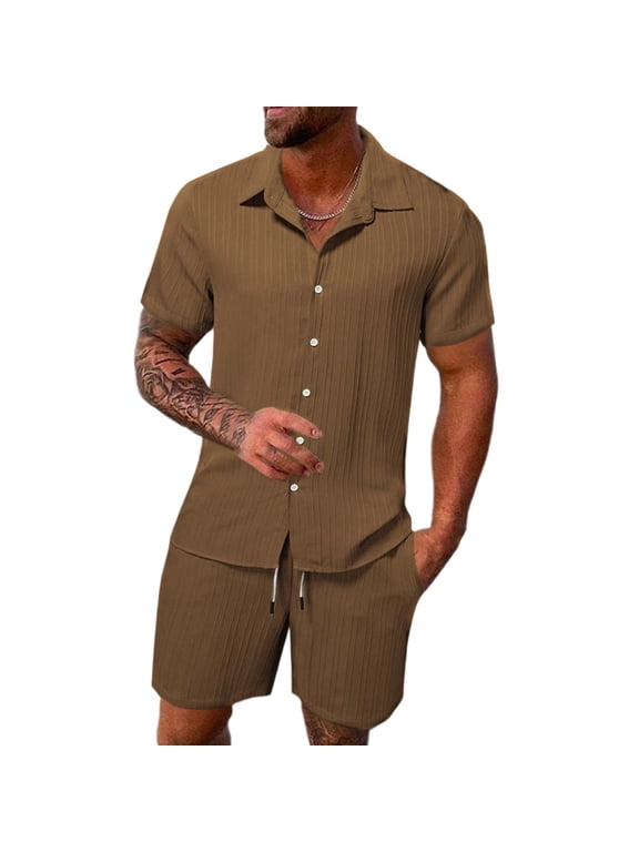 Suits for Men Short Sleeve Button-Down Collar Shirt and Drawstring Waist Shorts, Resort and Smart Casual Set Coffee L