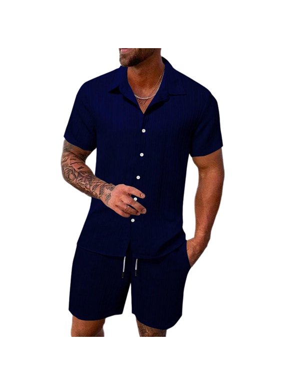 Suits for Men Short Sleeve Button-Down Collar Shirt and Drawstring Waist Shorts, Resort and Smart Casual Set Navy M