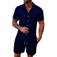 thumbnail image 1 of Suits for Men Short Sleeve Button-Down Collar Shirt and Drawstring Waist Shorts, Resort and Smart Casual Set Navy XL, 1 of 4