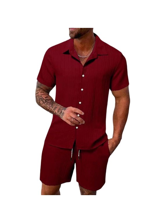 Suits for Men Short Sleeve Button-Down Collar Shirt and Drawstring Waist Shorts, Resort and Smart Casual Set Wine S