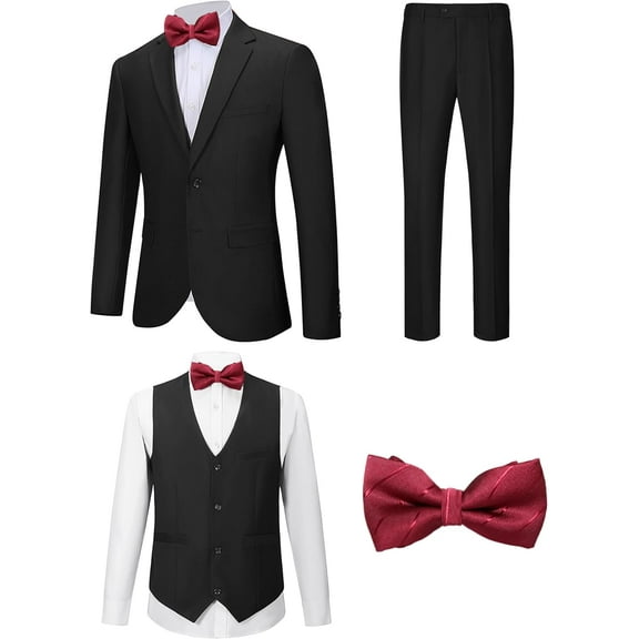 Suits for Men Slim Fit 4 Pieces Set Solid Tuxedo， Blazer、 Vest 、Pants、 Notch Collar Bow Tie， Prom Dinner Party Wedding