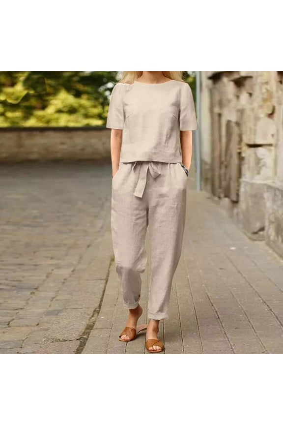 Tops for Women Round Neck Short Sleeve Tops and Long Pants Casual Suit Sets Khaki S