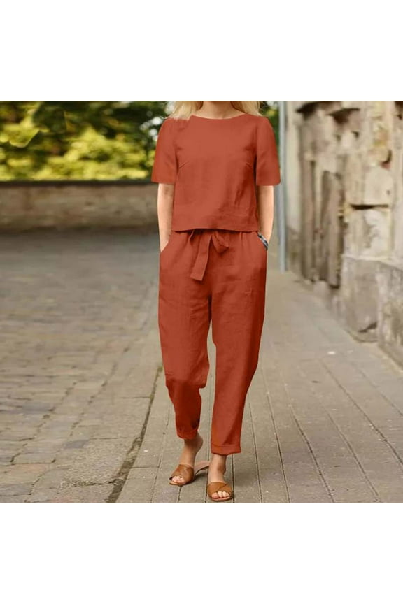 Blouse for Women Round Neck Short Sleeve Tops and Long Pants Casual Suit Sets Red XXL