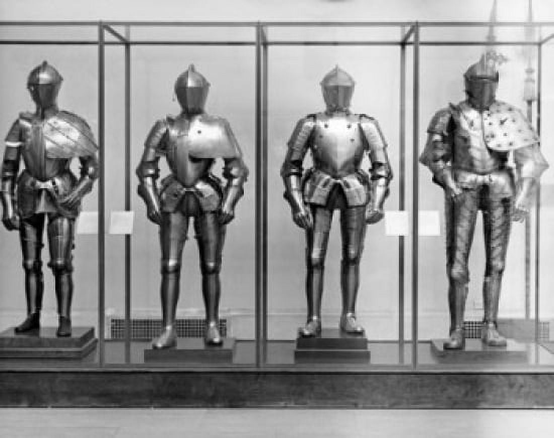 Suits of armor in a display cabinet Canvas Art - (24 x 36)