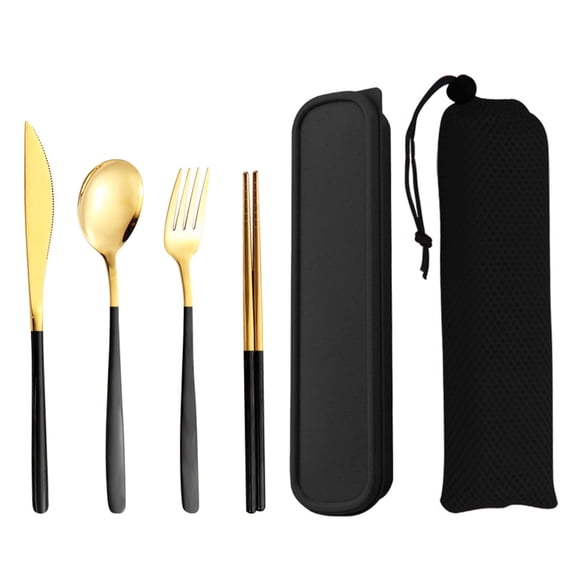 Suizaomo Portable Utensils Set with Case & Mesh Pouch, 4pcs Stainless Steel Reusable Silverware for Work School, Travel Cutlery Set, Fork and Spoon Set for Camping Picnic(Black)
