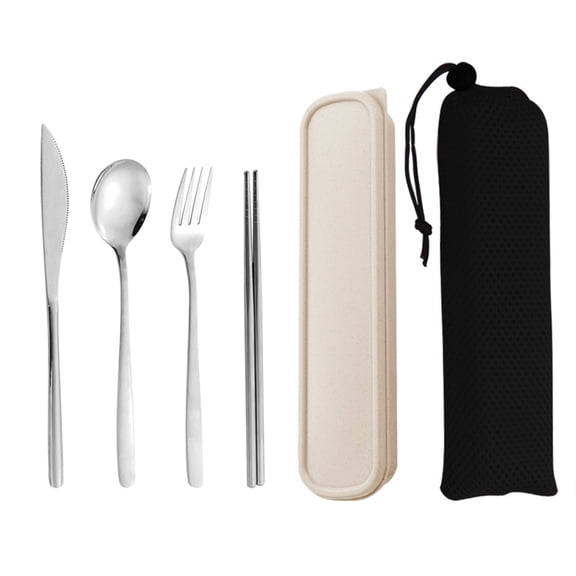 Suizaomo Portable Utensils Set with Case & Mesh Pouch, 4pcs Stainless Steel Reusable Silverware for Work School, Travel Cutlery Set, Fork and Spoon Set for Camping Picnic(Sliver)