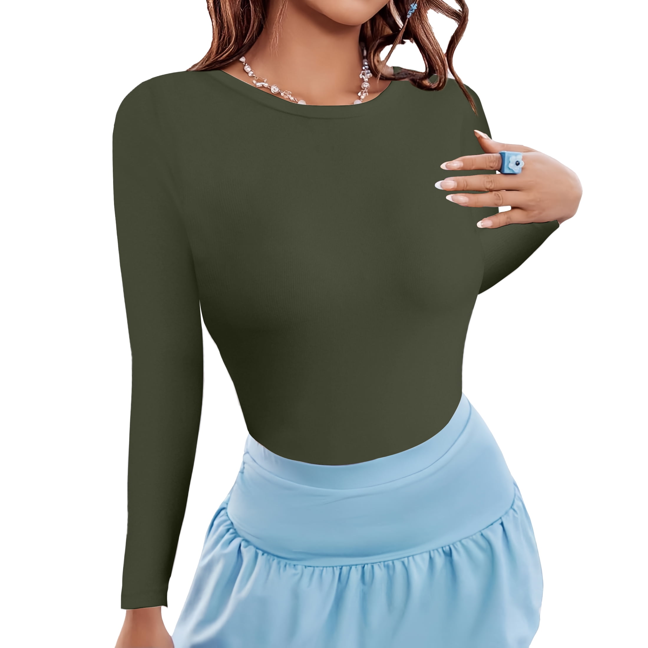 NTSWZYS Women's Ribbed Knit Crop Top - Long Sleeve Y2K Fitted T-Shirt, Basic Round Neck 11 thumbnail image