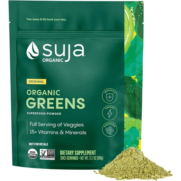 Suja Organic Greens Powder Probiotic Blend, Spirulina, Daily Superfood Drink or Smoothie Mix for Immune Support, Digestion, & Energy, Vegan, Gluten Free, Non GMO, 30 Servings
