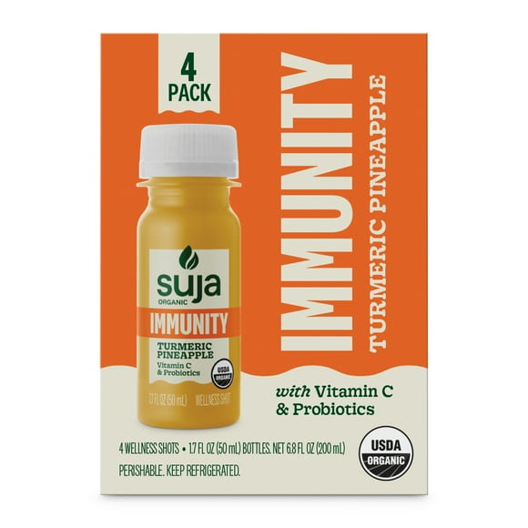 Suja Organic Immunity Turmeric Pineapple Wellness Shots, 1.7 fl oz Bottle, 4-Pack