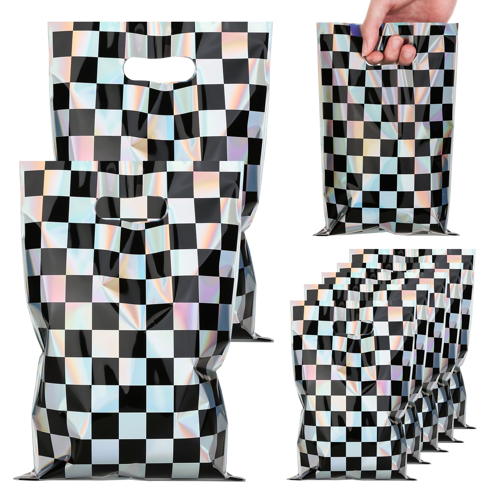 PintreeLand 30PCS Race Car VTF5Party Favor Bags, Iridescent Black and White Checkered Plaid Goodie Candy Treat Bags with Handle