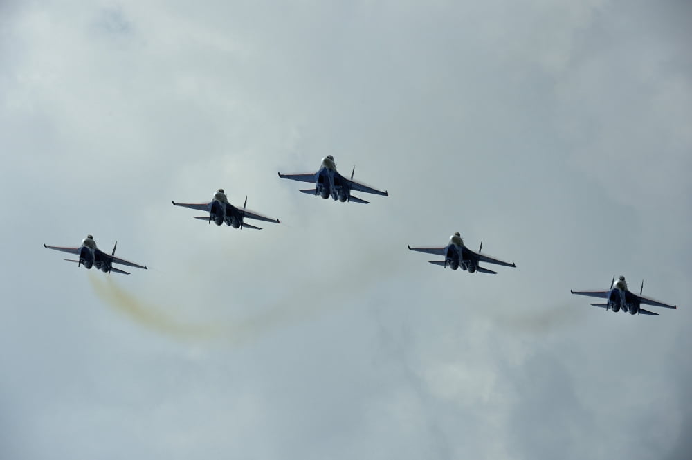 Sukhoi Su-27 Flanker aircraft of the Russian Knights aerobatic team Canvas Art - Remo GuidiStocktrek Images (35 x 23)
