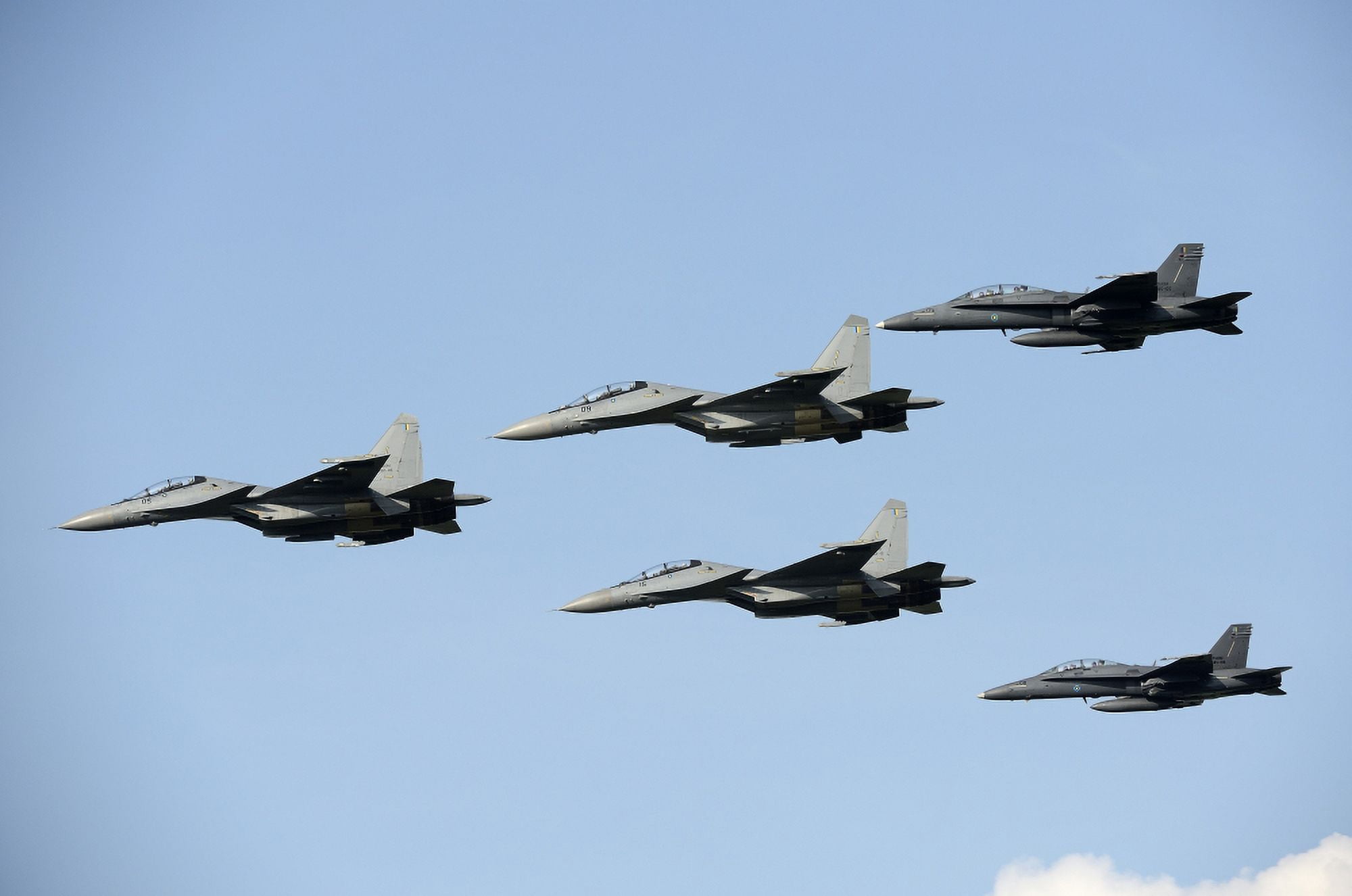 Sukhoi Su-30 MKM aircraft and FA-18 Hornet jets of the Royal Malaysian Air Force Canvas Art - Remo GuidiStocktrek Images (35 x 23)