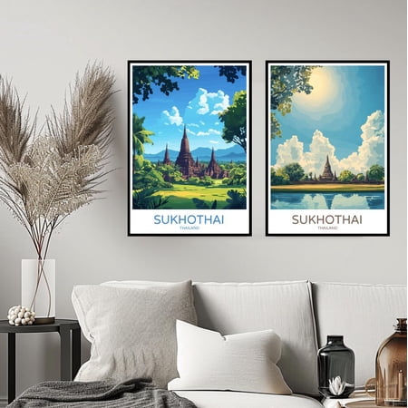 Sukhothai Thailand Travel Bangkok Chao Phraya River Wall Travel Thailand Room Poster, Set 2, Poster Only