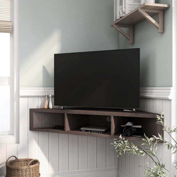 Sukhumi 3-Shelf Wood 42" Corner Floating TV Stand, Walnut Oak