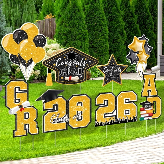 Suknil 8Pcs Graduation Yard Sign, Graduation Decorations 2026, Graduation Decorations Class of 2026 Graduation Party Supplies(Black Gold)