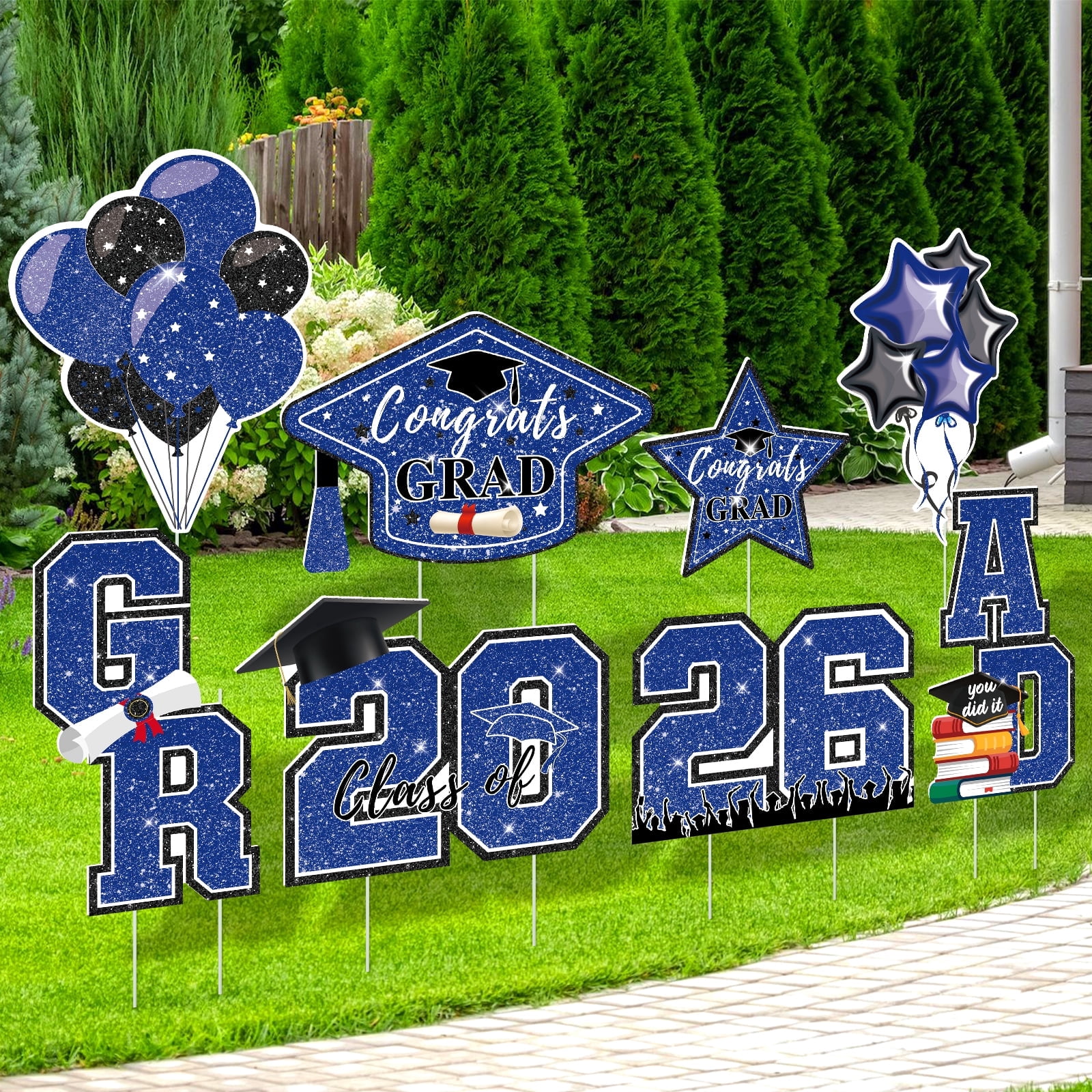 Suknil 8Pcs Graduation Yard Sign, Graduation Decorations 2026, Graduation Decorations Class of 2026 Graduation Party Supplies(Blue Black)
