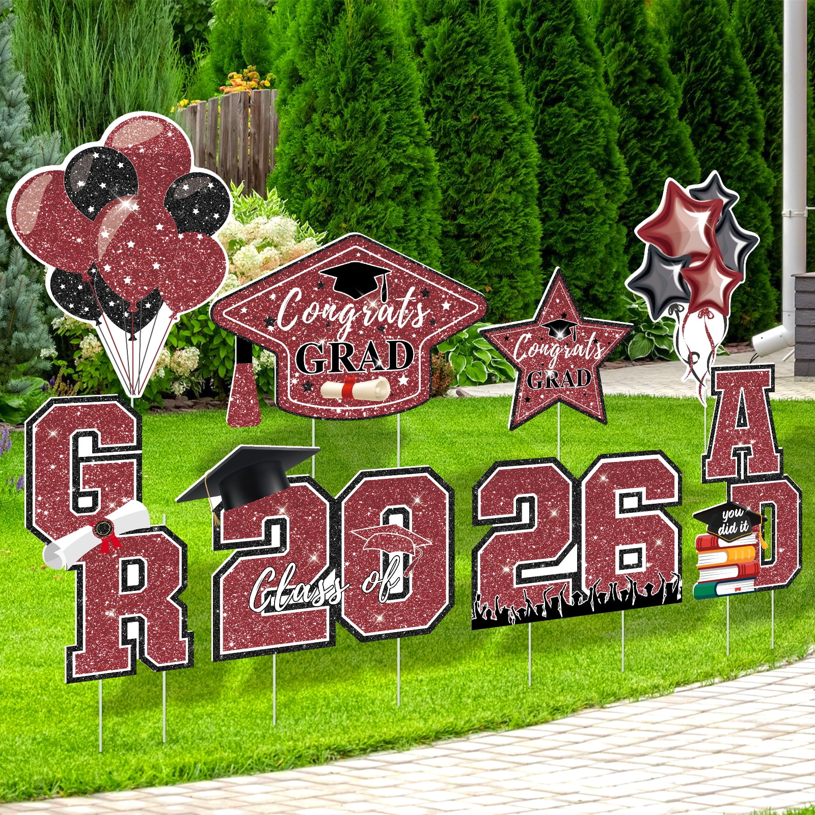 Suknil 8Pcs Graduation Yard Sign, Graduation Decorations 2026, Graduation Decorations Class of 2026 Graduation Party Supplies(Maroon)