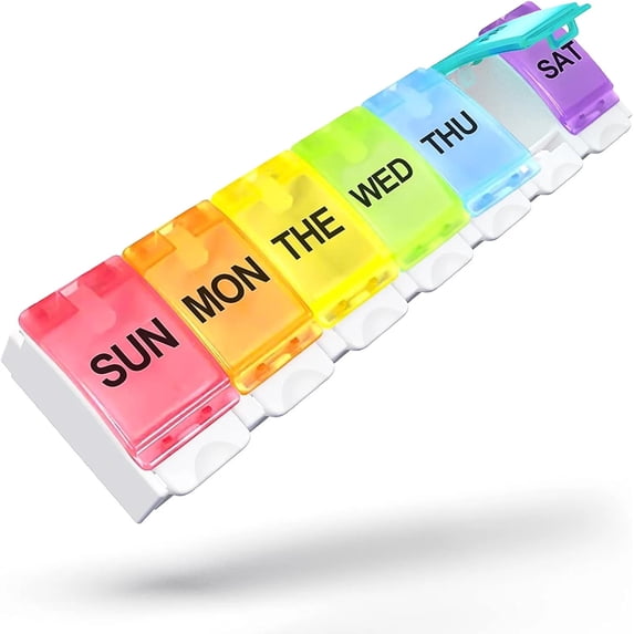 Sukuos 7 Day Weekly Pill Organizer - AM PM, Pill Holder, Daily Pill Box Planner for Pills, Vitamins, Fish oil, Extra Large with Easy Push Button, Rainbow