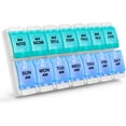 thumbnail image 1 of Sukuos 7 Day Weekly Pill Organizer with 2 Times a Day Compartment - AM PM, Pill Holder, Daily Pill Box Planner for Pills, Vitamins, Fish oil, Supplements, Large with Moisture Proof, Clay & Blue, 1 of 9