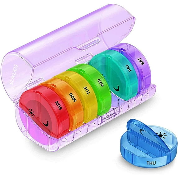 Sukuos 7 Day Weekly Pill Organizer with 2 Times a Day Compartment- AM PM, Pill Holder, Daily Pill Box Planner for Pills, Vitamins, Fish oil, Supplements, Large with Moisture Proof, Purple