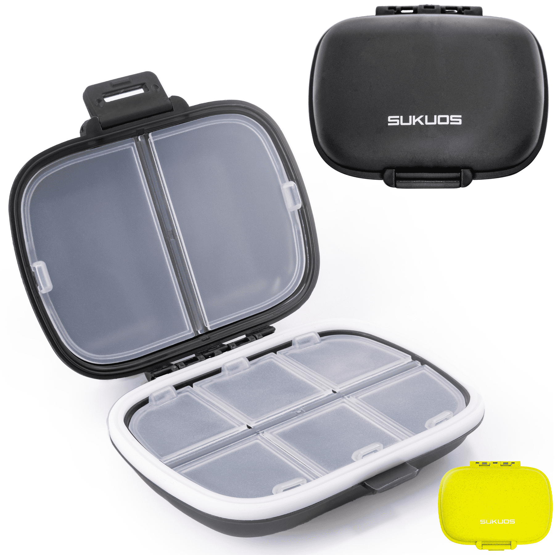 Sukuos Daily Use Pill Organizer, 8 Compartment, Easy to Open, Large Capacity, Portable, Black, 1 Pack
