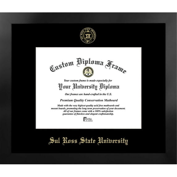 Sul Ross State University 11w x 8.5h Manhattan Black Single Mat Gold Embossed Diploma Frame with Bonus Campus Images Lithograph (value savings at $59)